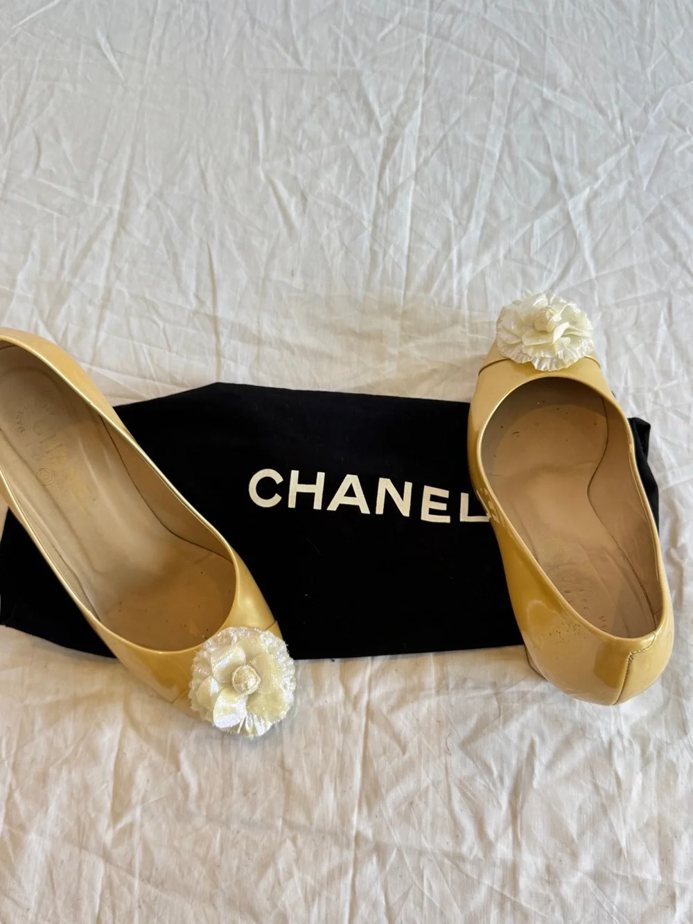 CHANEL Yellow Patent Camellia Iridescent Flower & CC Ballet Heels
